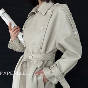 Women's faux leather windbreaker winter double breasted jacket coat light beige